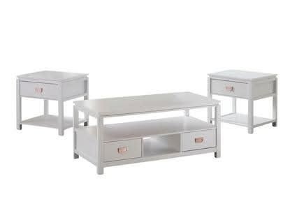 Three-piece white coffee table set with solid wood tops and two end tables