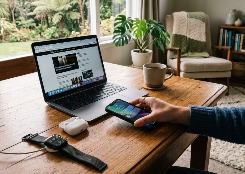 laptop & earbuds with watch on table