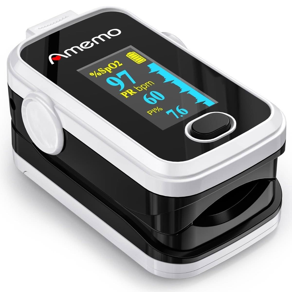 Amemo fingertip pulse oximeter with plethysmograph and perfusion index on OLED screen