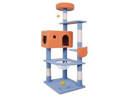 155cm blue and orange cat tree with panoramic capsule, cat house and hammock