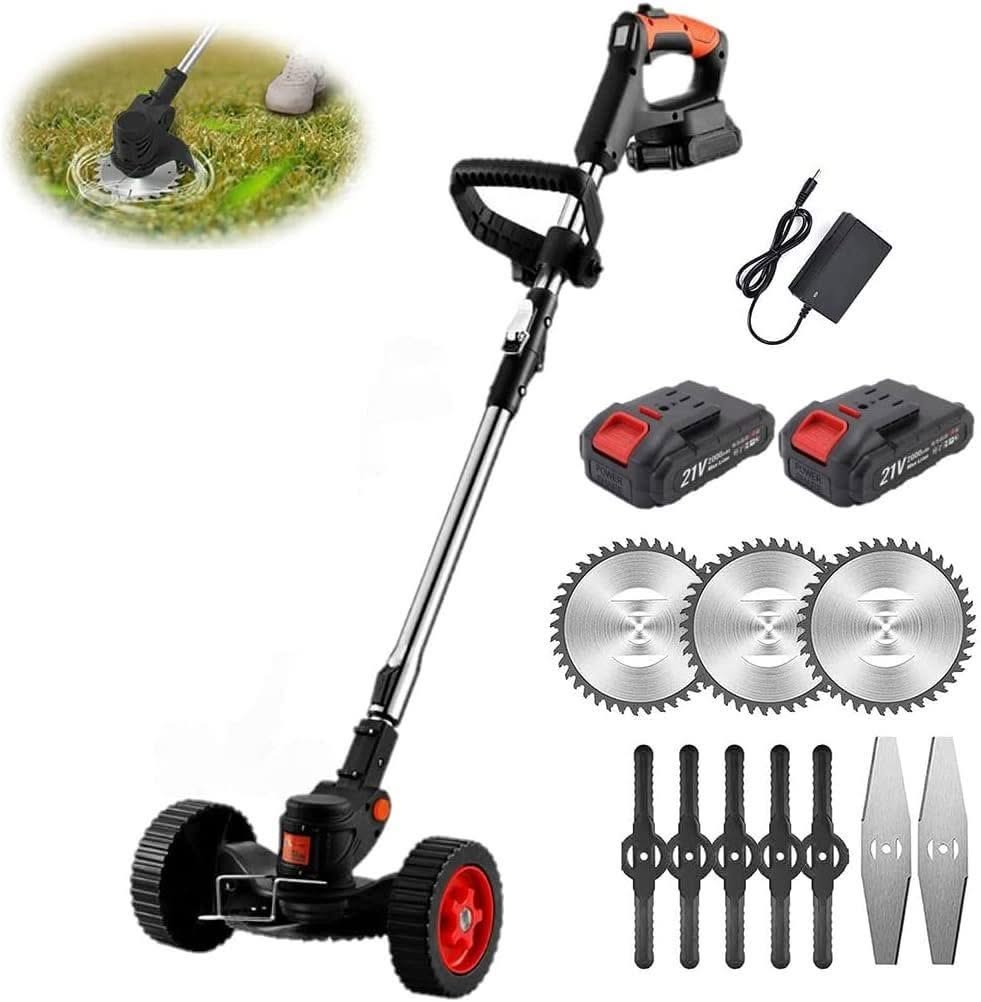 Compact cordless electric lawn trimmer and mower with adjustable pole
