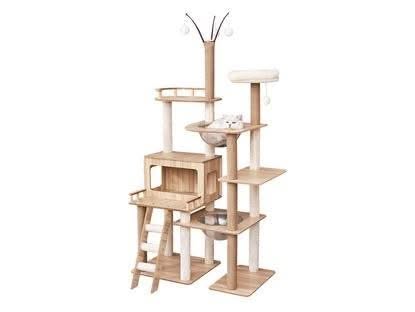 182cm wood tone cat tree with big cat house, panoramic capsule and hemp rope posts