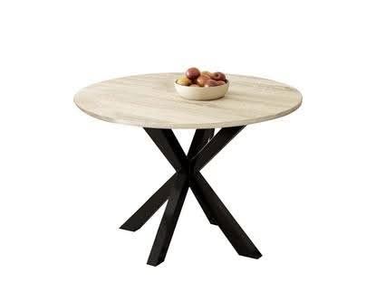 Elsie round 110 cm dining table with wood-look MDF top and black legs