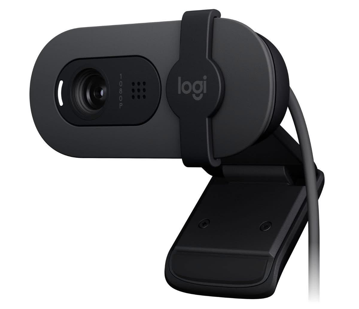 Logitech Brio 100 webcam in graphite on a plain background