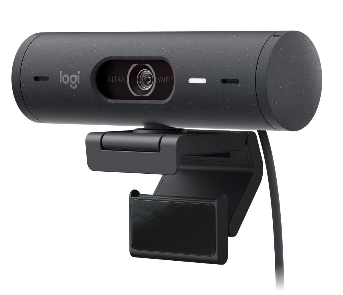 Logitech Brio 500 webcam in graphite with its detachable mount, on a plain background