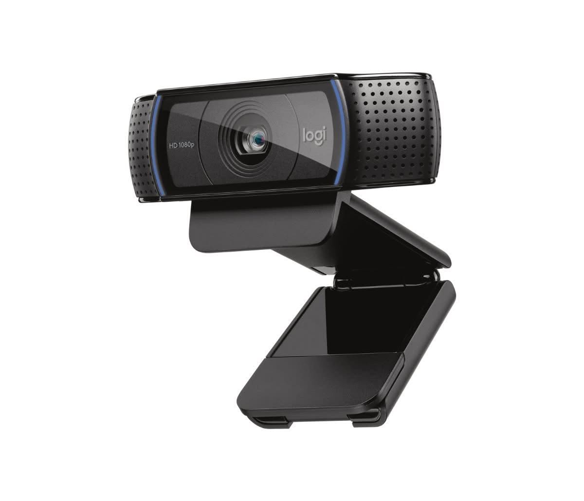Logitech HD Pro Webcam C920 in black with its clip mount, on a plain background