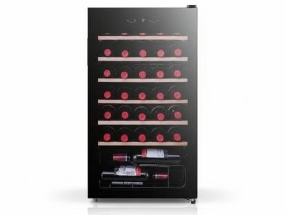 Midea 93L wine cooler in black with wooden shelves