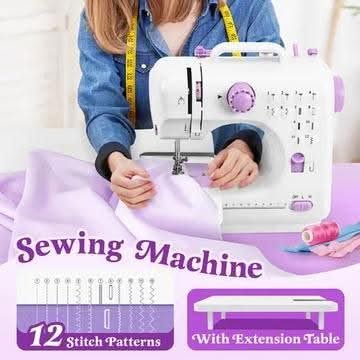 Mini sewing machine with reverse stitching, 12 stitch patterns and extension table