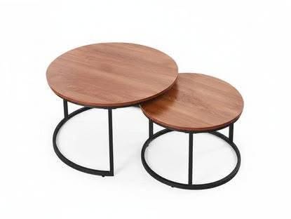 Walnut nesting coffee table set of two square tables on black metal frames