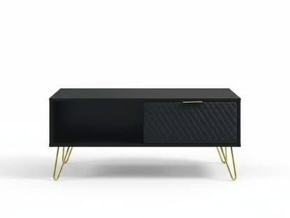 Petunia coffee table in black with navy upholstered drawer fronts and gold legs