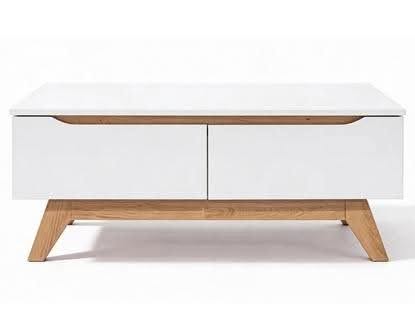 Simona coffee table in white and oak with cutout handles and wooden legs