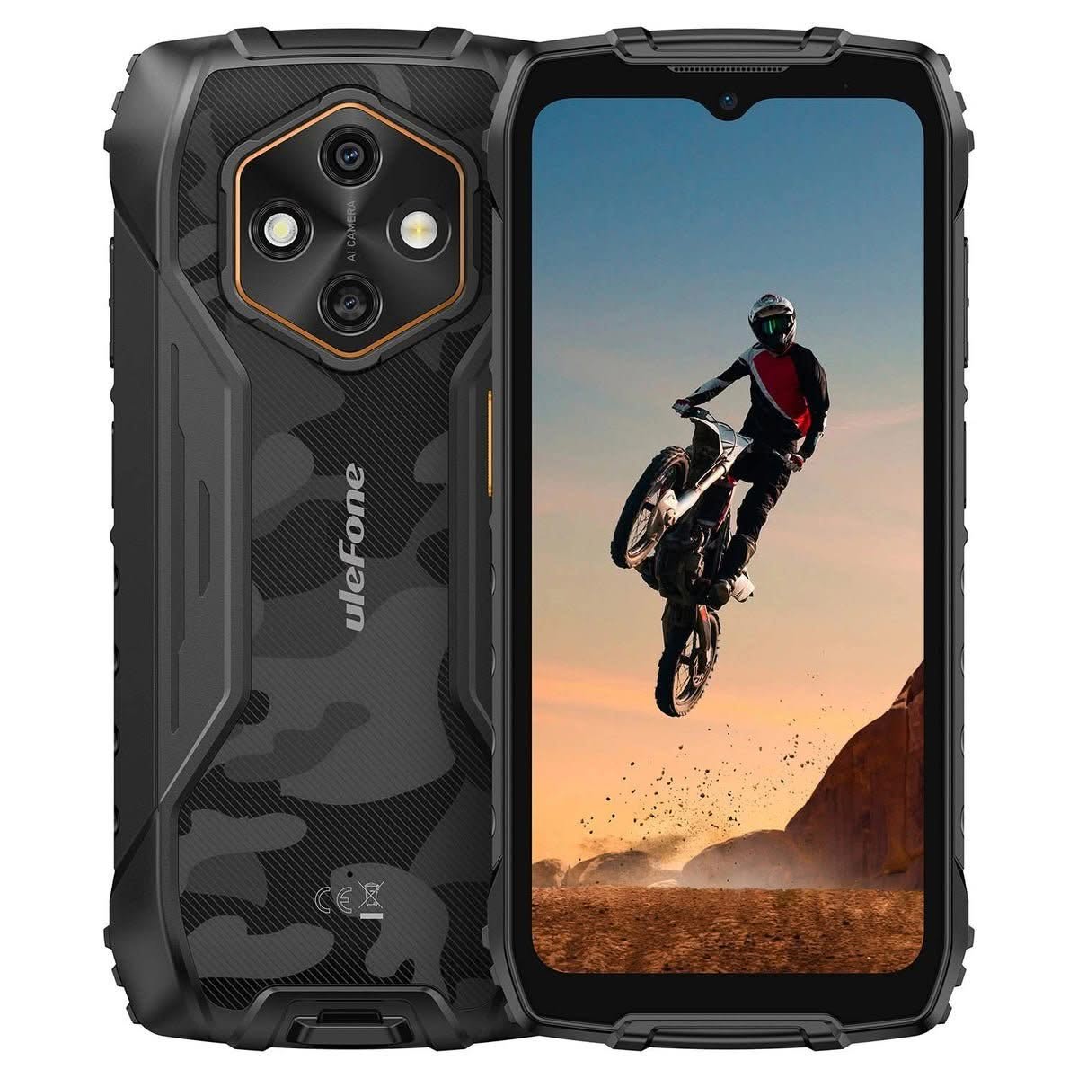 Ulefone RugKing 4 Pro rugged phone in black and orange showing the built-in torch