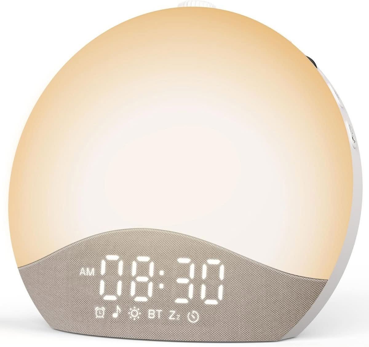 Sunrise alarm clock with auto time sync and bluetooth speaker
