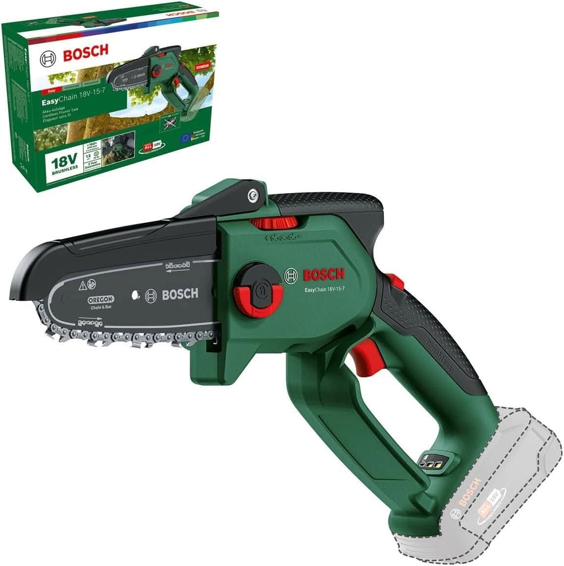 Bosch EasyChain 18V-15-7 Cordless Compact Chainsaw Pruning Saw - Best for Thick Branches / Heavy-Duty Cutting