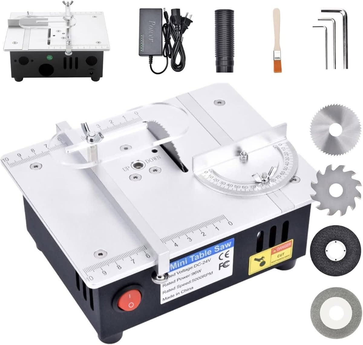 YXKJZHF 96W Precise Mini Table Saw with Miter Gauge, 4 Blades - Best Value Bundle (Miter Gauge + Blades Included)